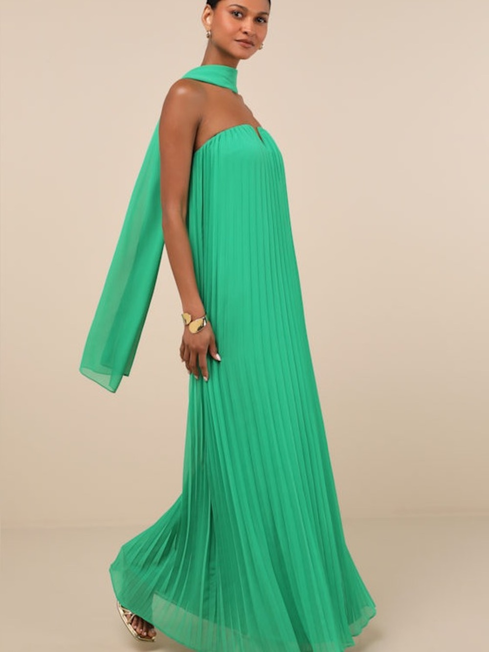 Lulus Lael Green Pleated Strapless Dress and Scarf